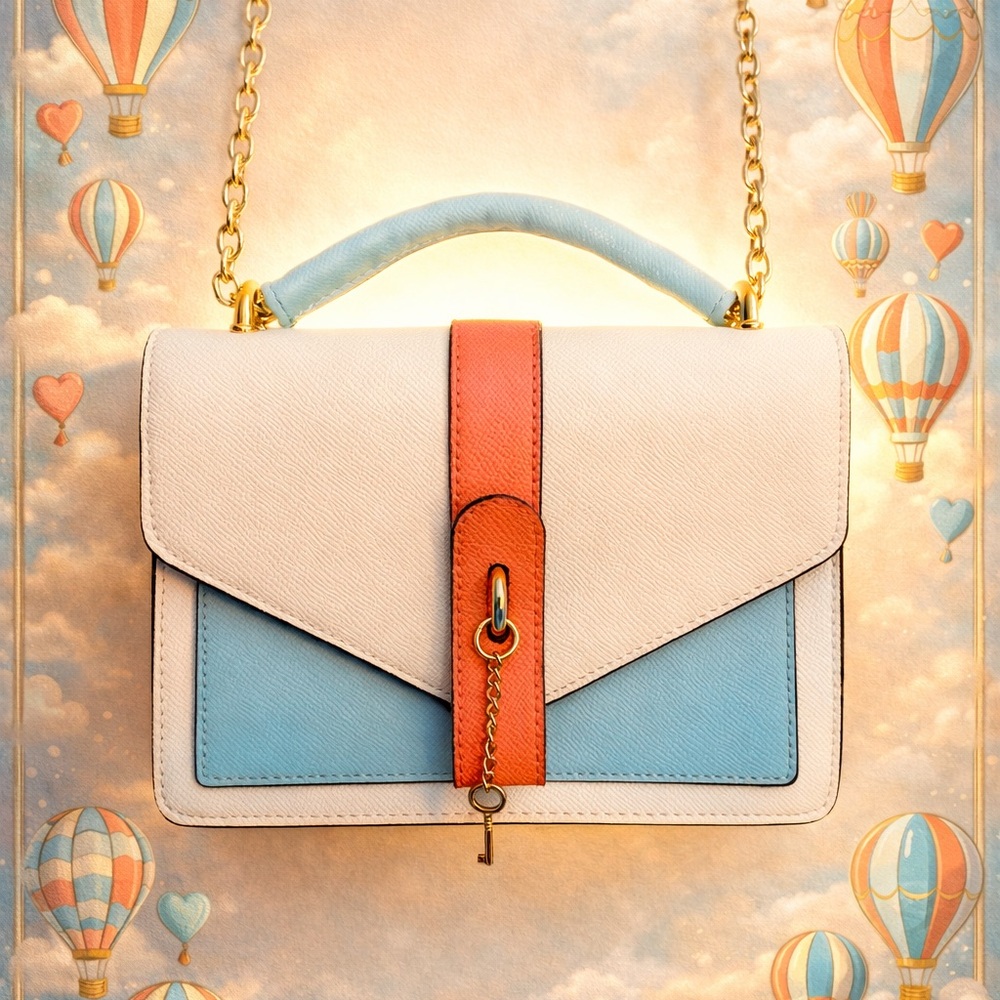 Aldo Small White and Blue Color Block Handbag with Gold Accents
